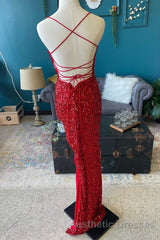 Red Sequin Cowl Neck Lace-Up Back High-Low Evening Prom Dresses
