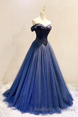 A-Line Tulle Beading Long Evening Prom Dresses, Off the Shoulder Evening Prom Dresses