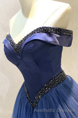 A-Line Tulle Beading Long Evening Prom Dresses, Off the Shoulder Evening Prom Dresses