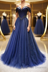 A-Line Tulle Beading Long Evening Prom Dresses, Off the Shoulder Evening Prom Dresses