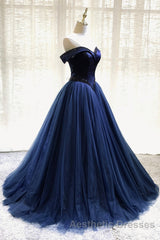 A-Line Tulle Beading Long Evening Prom Dresses, Off the Shoulder Evening Prom Dresses