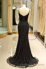 Mermaid Spaghetti Strap Black Beading Long Evening Prom Dresses