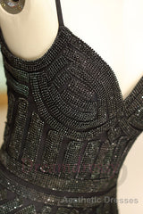 Mermaid Spaghetti Strap Black Beading Long Evening Prom Dresses