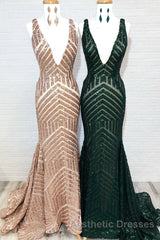 Sparkle Sequins V-Neck Mermaid Long Evening Prom Dresses
