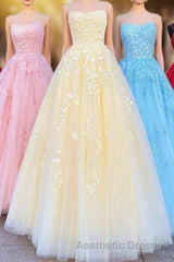 Princess Straps Long Evening Prom Dresses with Lace Appliques