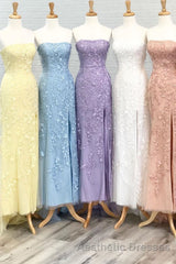 Strapless Light Blue Lace Long Evening Prom Dresses with Slit