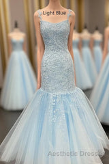 Straps Mermaid Light Blue Lace Appliqued Long Evening Prom Dresses