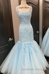 Straps Mermaid Light Blue Lace Appliqued Long Evening Prom Dresses