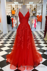 Elegant V Neck A-Line Red Appliqued Long Evening Prom Dresses