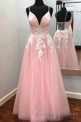 Elegant V Neck Lace-Up Back Pink Long Evening Prom Dresses with Appliques