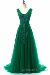 A-line Tulle Grey Long Evening Prom Dresses