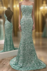 Mint Green Sparkly Chic Long Formal Evening Prom Dresses Mermaid Evening Prom Dresses