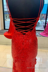 Sparkle Red Mermaid Sequined Prom Dress with Slit
