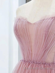 Pink Tulle Tea Length Evening Prom Dresses, Pink Tulle Formal Dresses