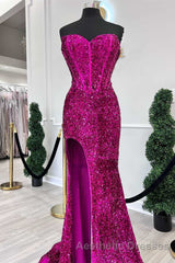 Fuchsia Sequin Strapless Mermaid Long Evening Prom Dresses with Slit