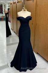 Long Navy Evening Prom Dresses Mermaid Off-the-Shoulder Sweetheart Sleeveless