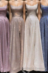 A-Line Sparkle Split Backless Evening Prom Dresses  Long Evening Prom Dresses With Pocket