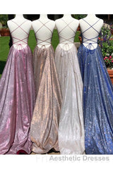 A-Line Sparkle Split Backless Evening Prom Dresses  Long Evening Prom Dresses With Pocket