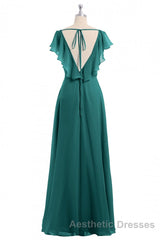 Wine Red Chiffon Backless Ruffled Sleeve Long Bridesmaid Dresses