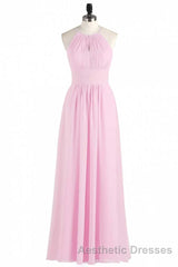 Pink Chiffon Halter Sleeveless A-Line Long Bridesmaid Dresses