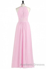 Pink Chiffon Halter Sleeveless A-Line Long Bridesmaid Dresses