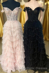 Light Pink Floral Layers Sequined Long Evening Prom Dresses