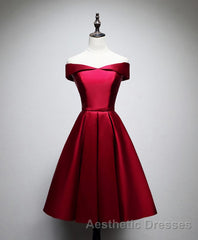 Simple Satin Burgundy Short Evening Prom Dresses, Burgundy Homecoming Dresses