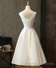 Simple V Neck White Short Evening Prom Dresses, White Homecoming Dresses