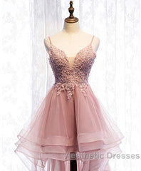 Pink Tulle Lace High Low Evening Prom Dresses, Pink Homecoming Dresses, 1