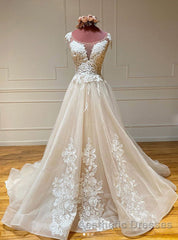 Champagne Sleeveless Round Neck Tulle Lace Long Evening Prom Dresses