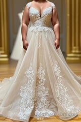 Champagne Sleeveless Round Neck Tulle Lace Long Evening Prom Dresses