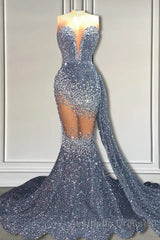 V-Neck Sequins Evening Prom Dresses Mermaid Sleeveless Crystal.