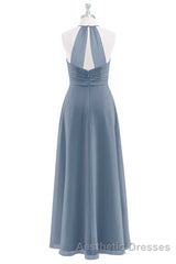 Dusty Blue Chiffon Halter Backless Ruffled Long Bridesmaid Dresses