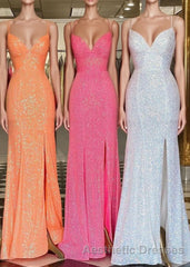 Stunning Straps Sequined Mermaid Long Evening Prom Dresses