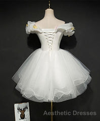 Cute White Tulle Short Evening Prom Gown White Homecoming Dresses