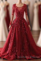 Burgundy Lace Satin Long Evening Prom Dresses, Burgundy Lace Evening Prom Dresses