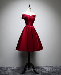 Simple Satin Burgundy Short Evening Prom Dresses, Burgundy Homecoming Dresses