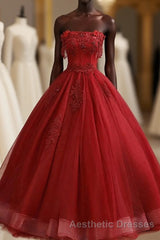 Burgundy Tulle Lace Long Evening Prom Gown Burgundy Tulle Lace Formal Dresses