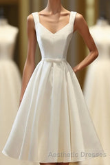 Simple V Neck White Short Evening Prom Dresses, White Homecoming Dresses