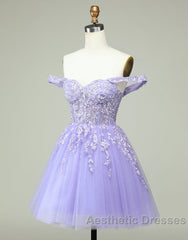 A-Line Off The Shoulder Short Tulle Dresses With Appliques