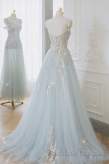 A-Line Tulle Lace Appliques Sweetheart Long Evening Prom Dresses, Strapless Evening Prom Dresses