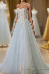 A-Line Tulle Lace Appliques Sweetheart Long Evening Prom Dresses, Strapless Evening Prom Dresses
