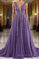 A-line V-Neck Lace Appliques Long Evening Prom Dresses