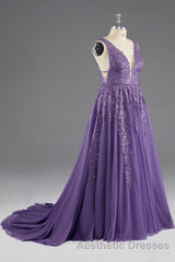 A-line V-Neck Lace Appliques Long Evening Prom Dresses