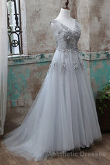 Grey V-Neckline Tulle With Lace Long Formal Dresses, Grey A-Line Evening Prom Dresses