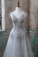 Grey V-Neckline Tulle With Lace Long Formal Dresses, Grey A-Line Evening Prom Dresses