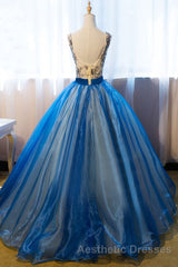 UniqueDressess Puffy V Neck Organza Applique Modest Evening Prom Dresses Evening Prom Dresses