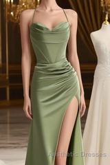 straps mermaid long formal Dresses Evening Prom Dresses with side slit and cowl neck