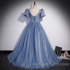 Ball Gown Dusty Blue Evening Prom Dresses with Bubble Sleeves