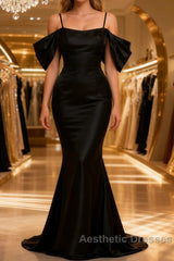 Black Off The Shoulder Criss-Cross Back Long Satin Evening Prom Dresses